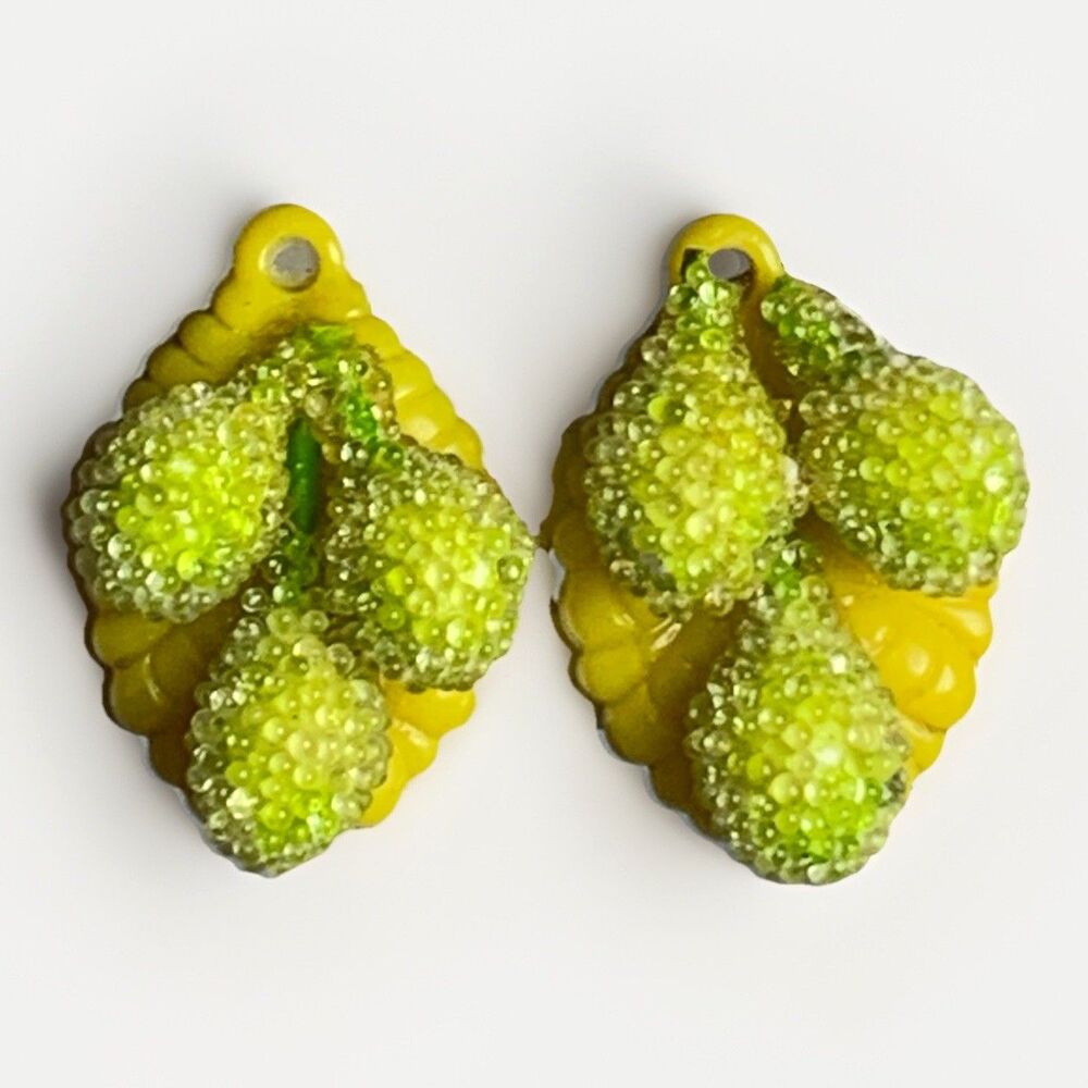 Vintage Fruit Cluster Screw Back Earrings Sugar Bead Yellow Green Retro